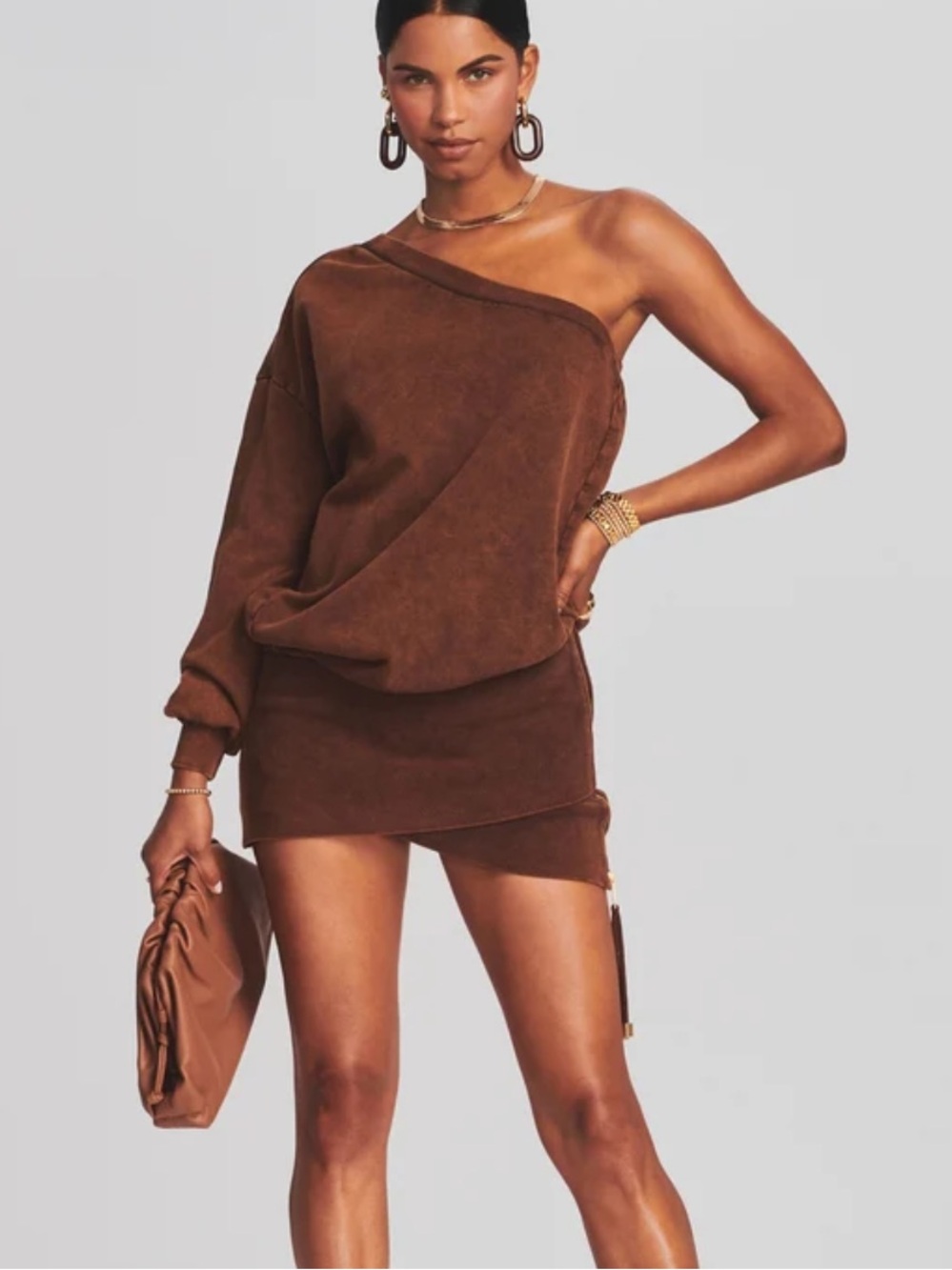 RETROFETE helana terry sweater one shoulder dress in cognac brown XS